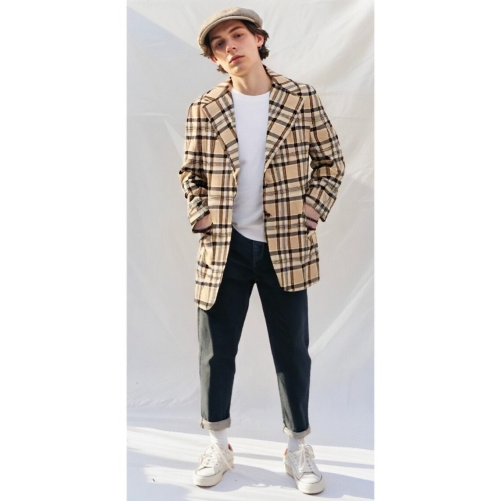 Vintage 70s The Denver Plaid Blazer Single Breasted Collar Pocket Beige Size 44R